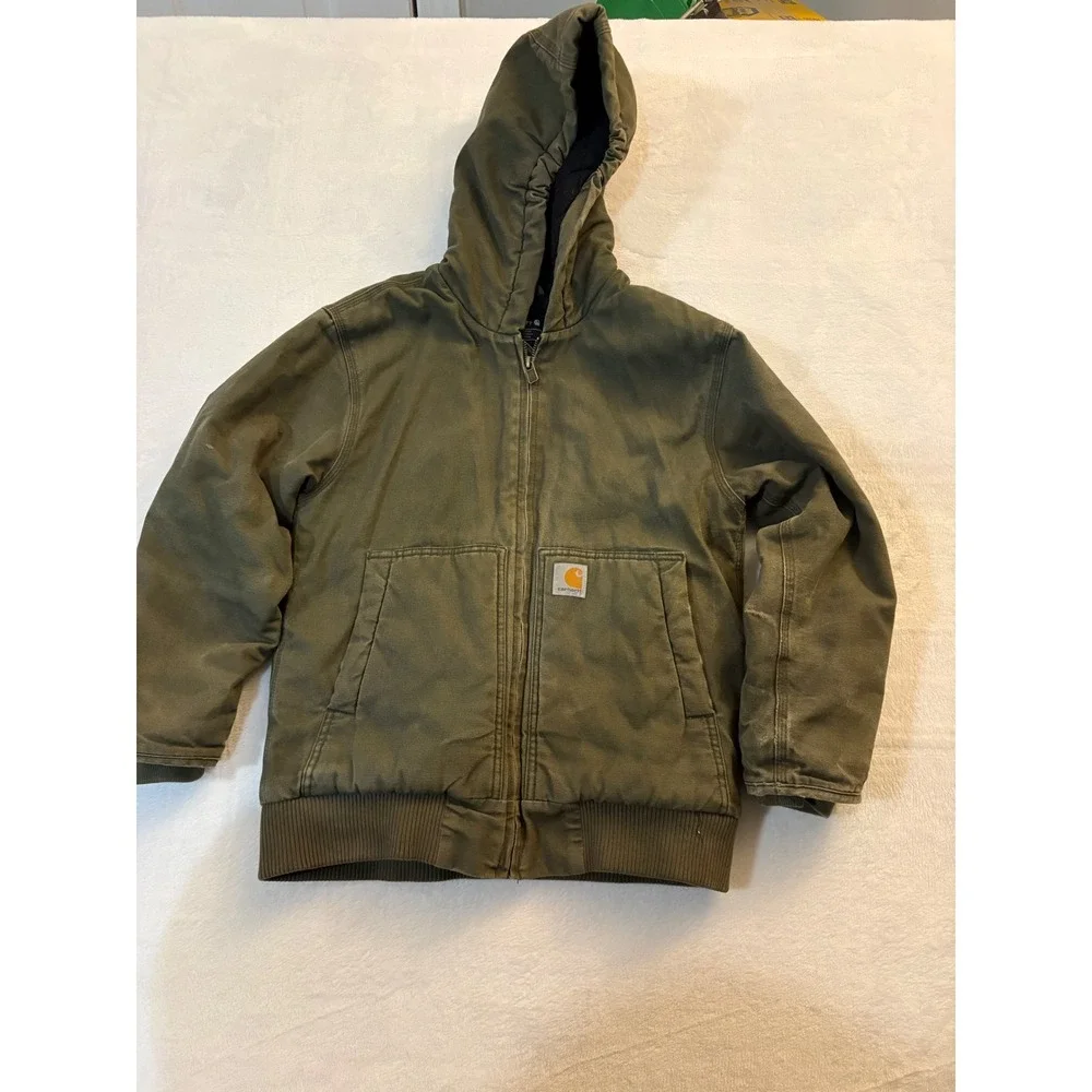 Carhartt Kids Active Jacket Olive Green Canvas Quilted Hooded Coat Medium 10-12